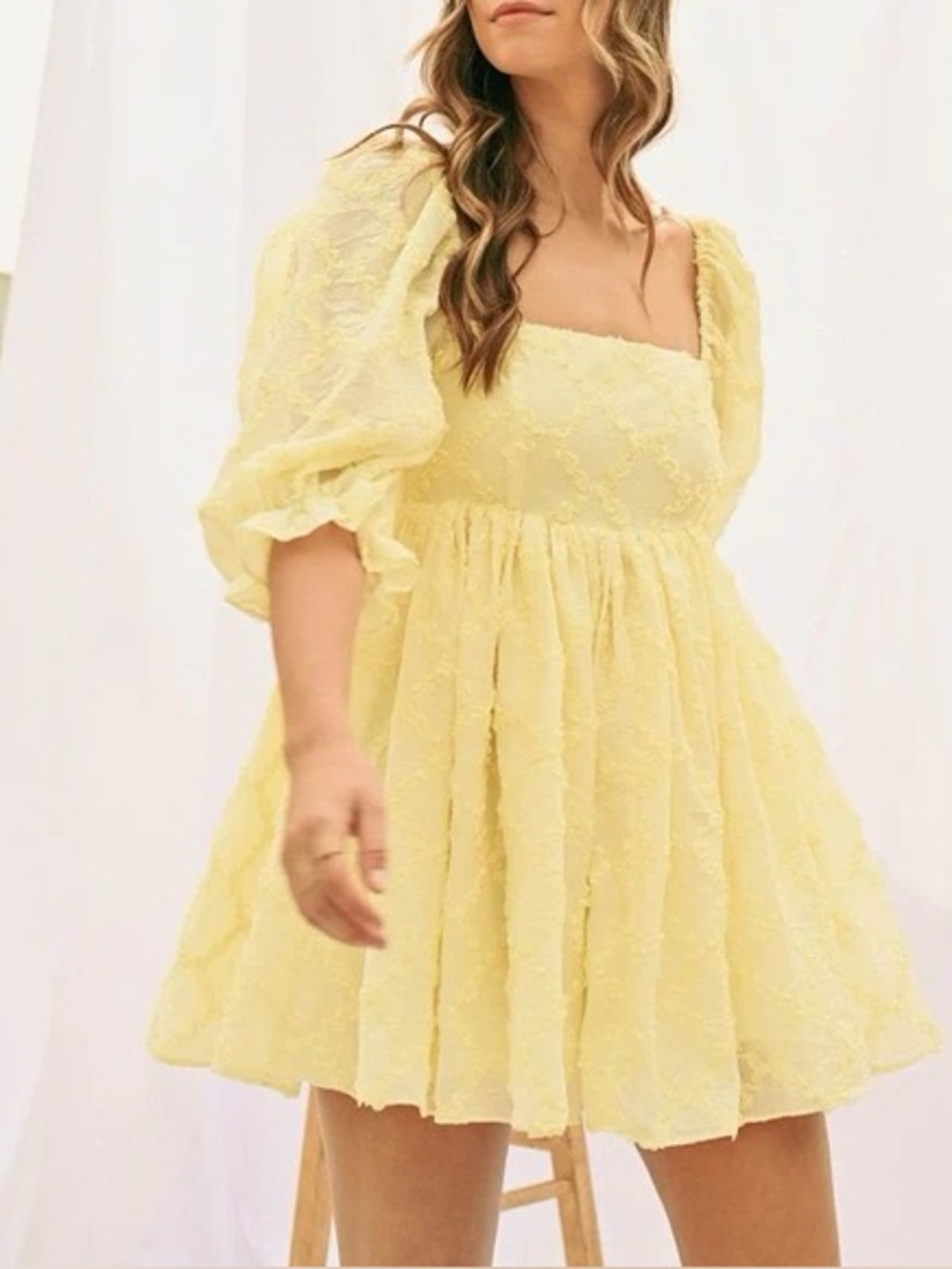 Mable Yellow Floral Puff Sleeve Babydoll Mini Dress Medium